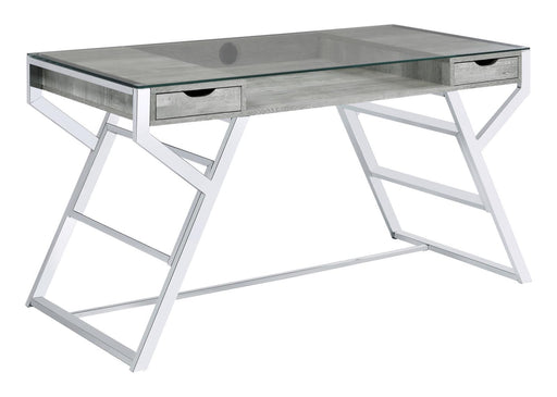 Emelle 2-drawer Glass Top Writing Desk Grey Driftwood and Chrome - imattress & ifurniture (FL)